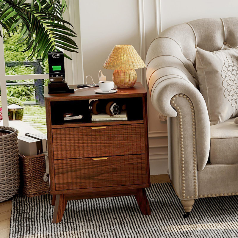 Fluted Nightstand Set with Charging Station,Bedside Table with 2 Storage Drawers,End Table with 2 Drawers, Walnut, 1