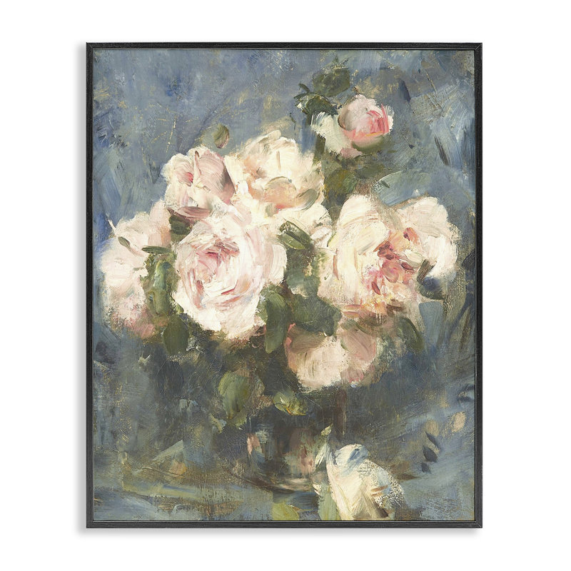Estampe numérique rétro sur fond bleu avec roses roses, design par Leah Straatsma, H 14 po x l 11 po