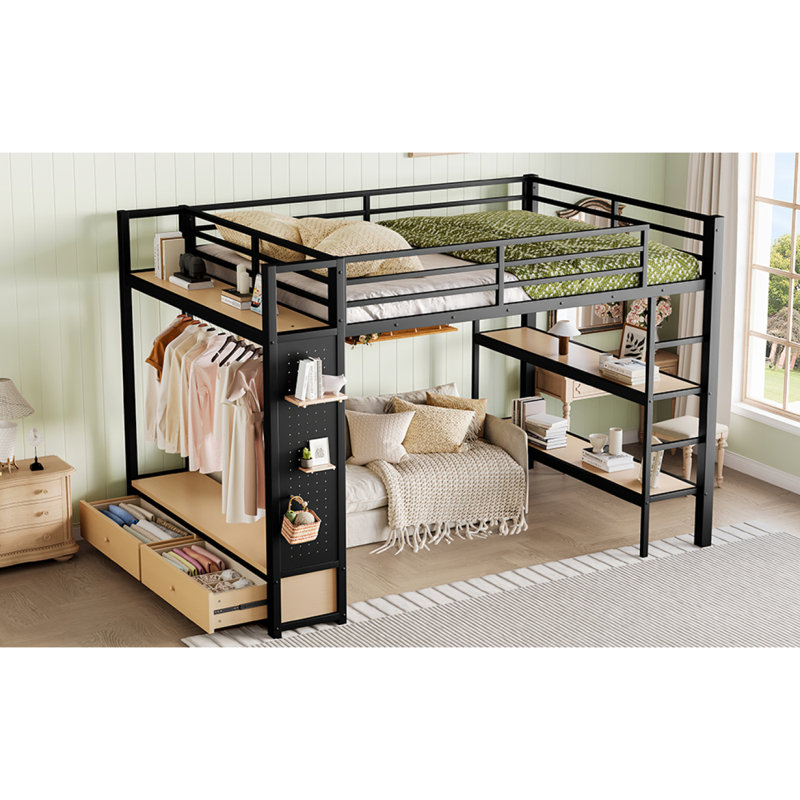 Grand cadre de lit mezzanine avec garde-robe, lit mezzanine en métal avec tablettes de rangement et panneau perforé, noir