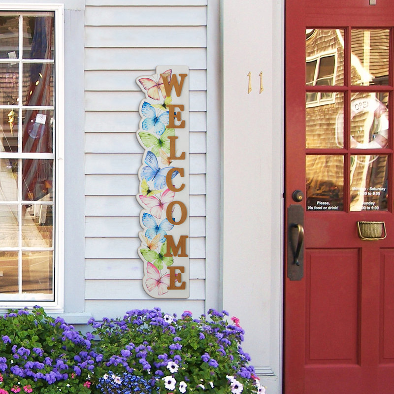 42"H Solid Wood "WELCOME" Porch Sign With Butterfly