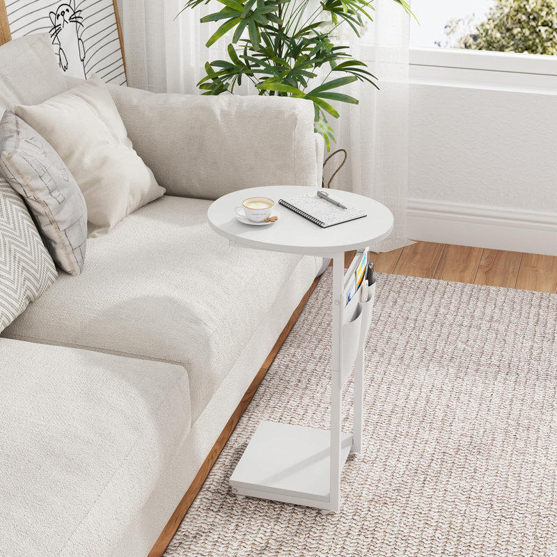 C Shaped End Table For Couch, Side Table For Couch, Small Couch Side Table For Small Spaces, Slide Under Sofa Table TV Tray With Metal Frame For Living Room, Bedroom (White)