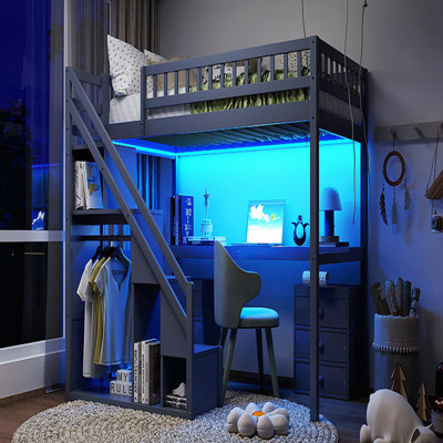 Lit mezzanine simple avec bureau intégré, tiroirs de rangement et bande lumineuse à DEL pour une vie moderne et fonctionnelle