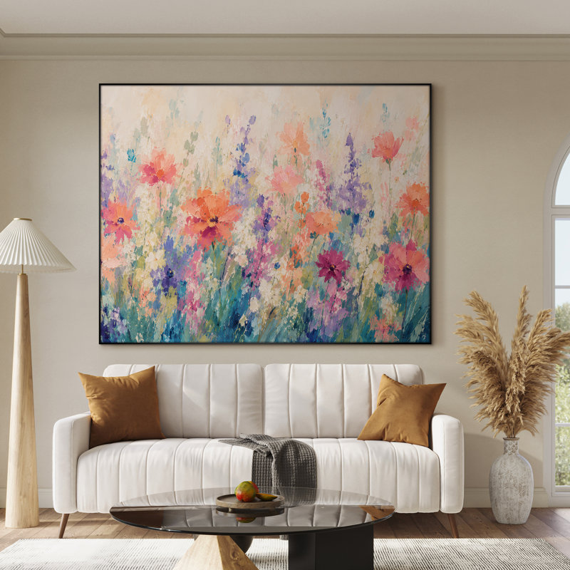 Extra Large Wall Art Fabric Print - Pink Wildflower Meadow Botanical Bedroom Decor - "Frame Assembly Required (Unfinished Frame)"