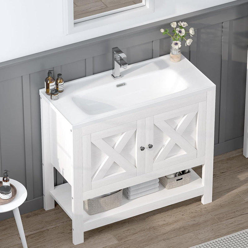 35" Farmhouse Bathroom Freestanding Vanity,with Ceramic Sink and Open Shelf, White