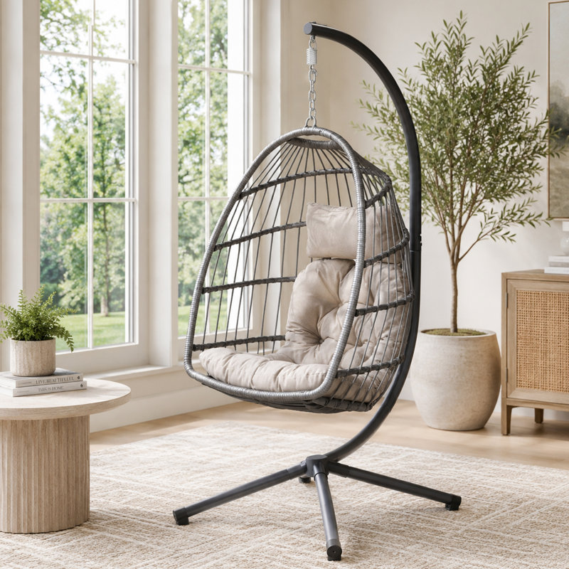 Fauteuil à œufs d'extérieur avec support et coussins pour patio et balcon, Beige