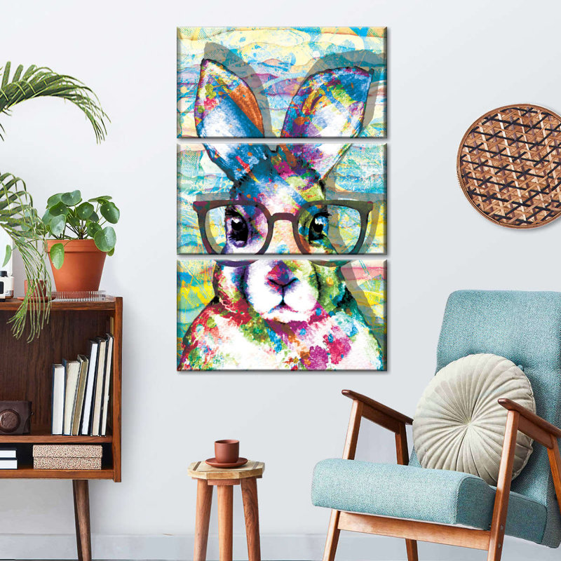 «Nerd Rabbit Paint Splash», ensemble de 3 reproductions sur toiles par PaintboxJenny, H 38 po x l 24 po x P 1,25 po