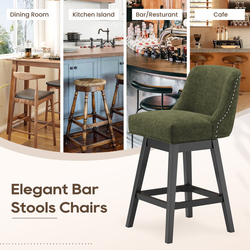 360°Bar Counter Stool with Solid Wood Frame, Green