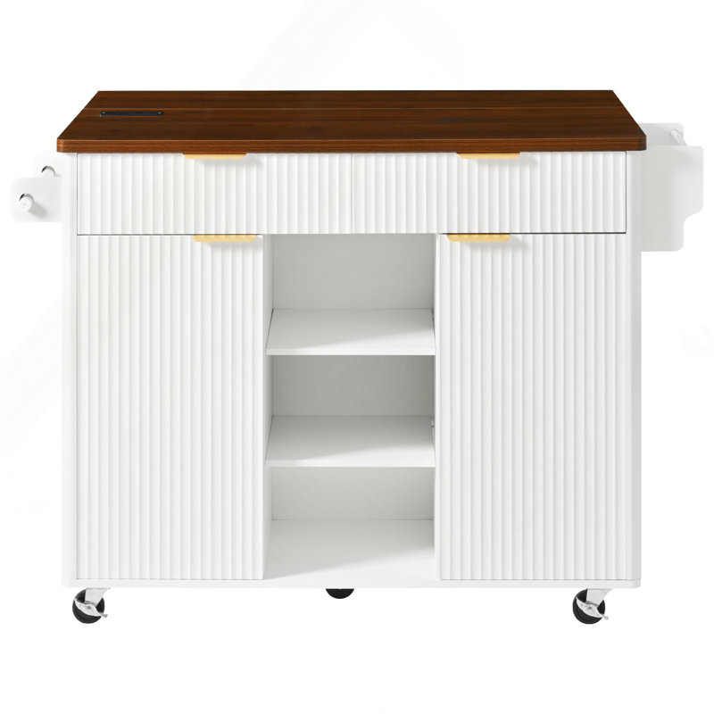 52" Fluted Kitchen Island with Drop Leaf, Power Outlet,  Kitchen Storage Cart with Adjustable Shelves, 2 Doors and 2 Drawers, Rolling Island Table with Walnut Color Top for Kitchen