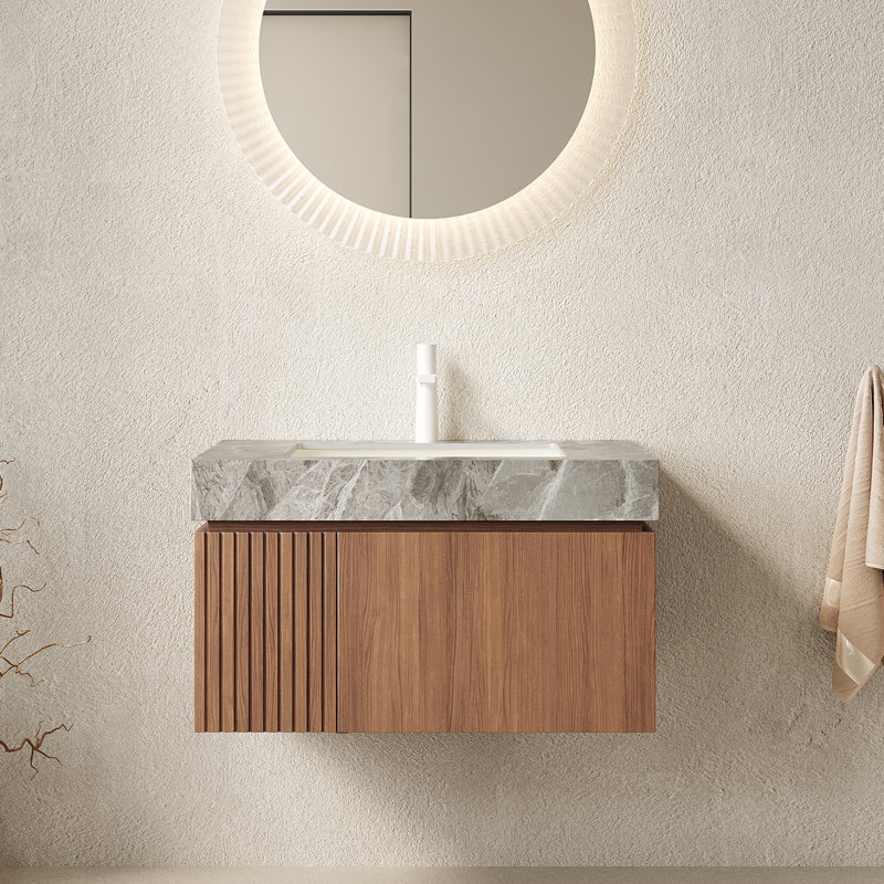 Meuble-lavabo mural de 30 po avec lavabo, comptoir en céramique de qualité supérieure et pierre frittée Muri, finition gris clair et espresso Muri