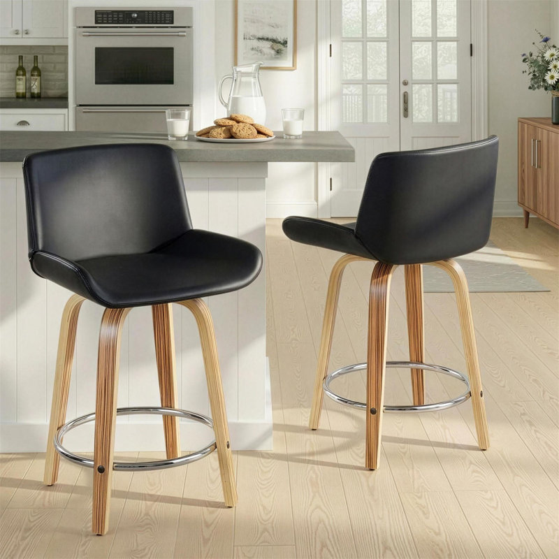 Tabouret de bar pivotant à hauteur fixe de 61 cm (24 po) de style moderne du milieu du siècle, en bois de zèbre et similicuir noir, avec repose-pieds rond en métal chromé - Ensemble de 2