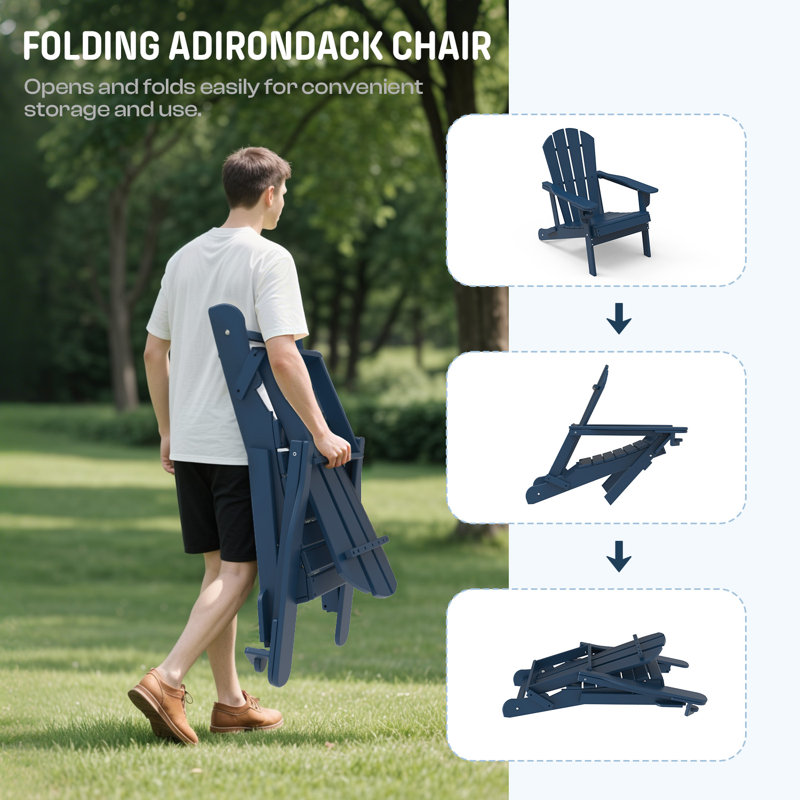 Ensemble de 2 chaises Adirondack pliantes avec porte-gobelet, Hdpe toutes saisons, Bleu