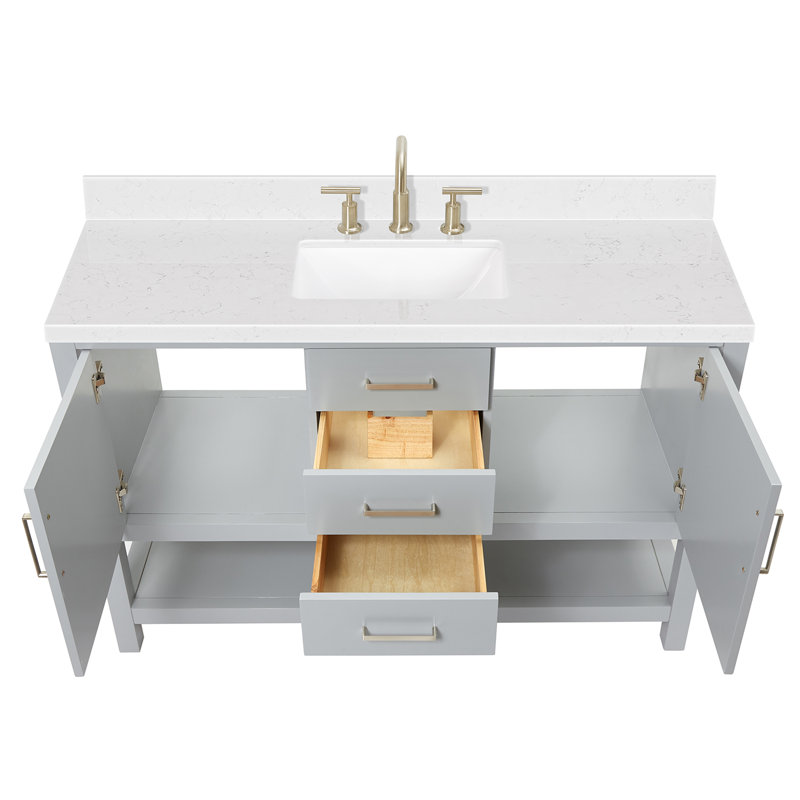Meuble-lavabo simple avec plateau en quartz Abby, Bleu minuit, L 54 po, Quartz blanc de Carrare