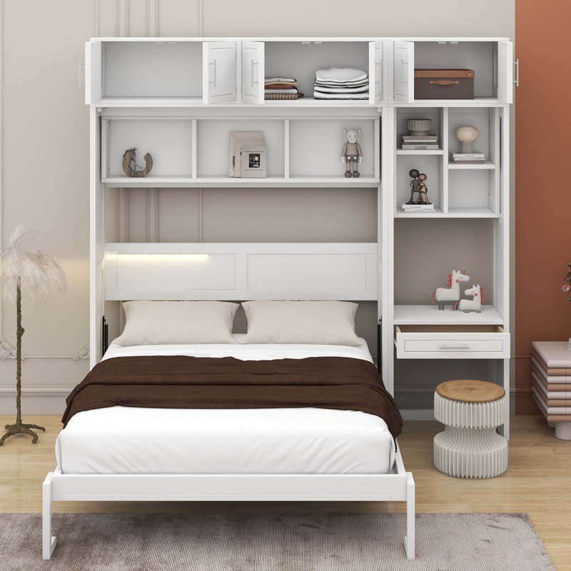 Grand lit escamotable mural avec bureau, armoire supérieure et tablettes de rangement, lit pliant peu encombrant, Blanc