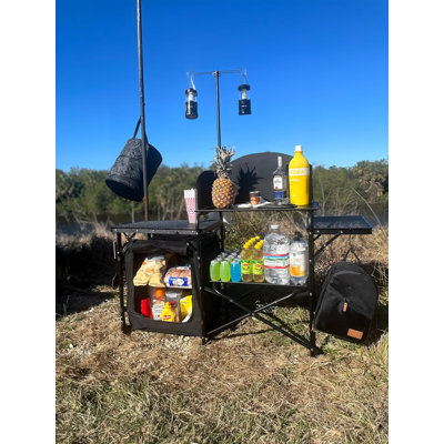Portable Camping Kitchen Station With Light Stand, Windshield, Folding Table, And Organizers For Outdoor Cooking And Picnics