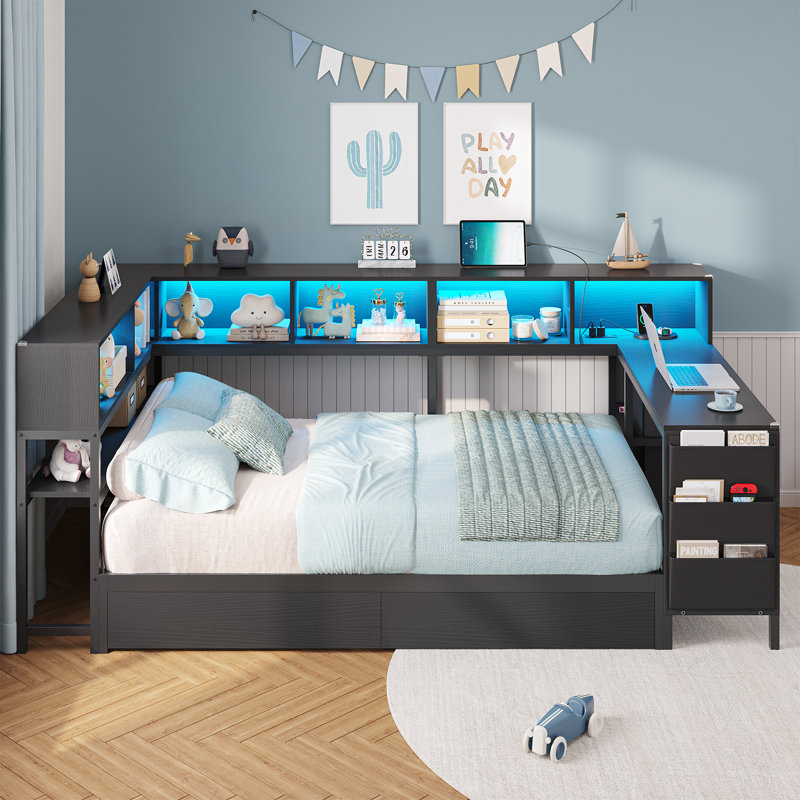 Twin Size Corner Bed With Bookcase Shelves And 2 Large Drawers,twin Daybed With Led Lights And Charging Station,corner Bed Frame With 39.4"l Desk,2 Fabric Drawers & Side Storage Bag ,no Box Spring,black
