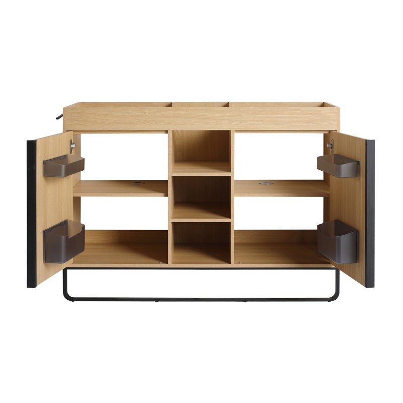 Armoire de salle de bain autoportante, 2 portes à fermeture douce et 3 tablettes de rangement ouvertes, emballage KD (meuble-lavabo seulement, sans lavabo)