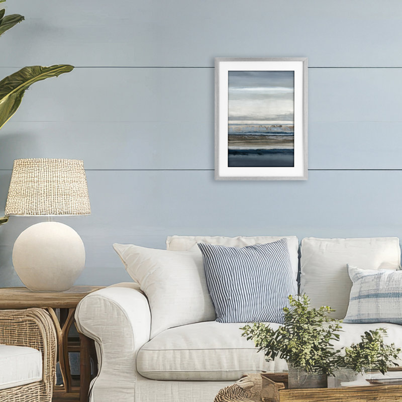 Shoreline Echoes Abstraction, reproduction encadrée sous verre, conception par Hannah Dawson, Cadre de ferme gris
