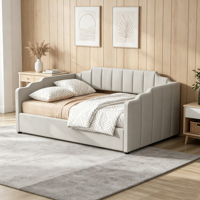 Lit de jour double rembourré beige avec compartiment de rangement sous le lit, Beige
