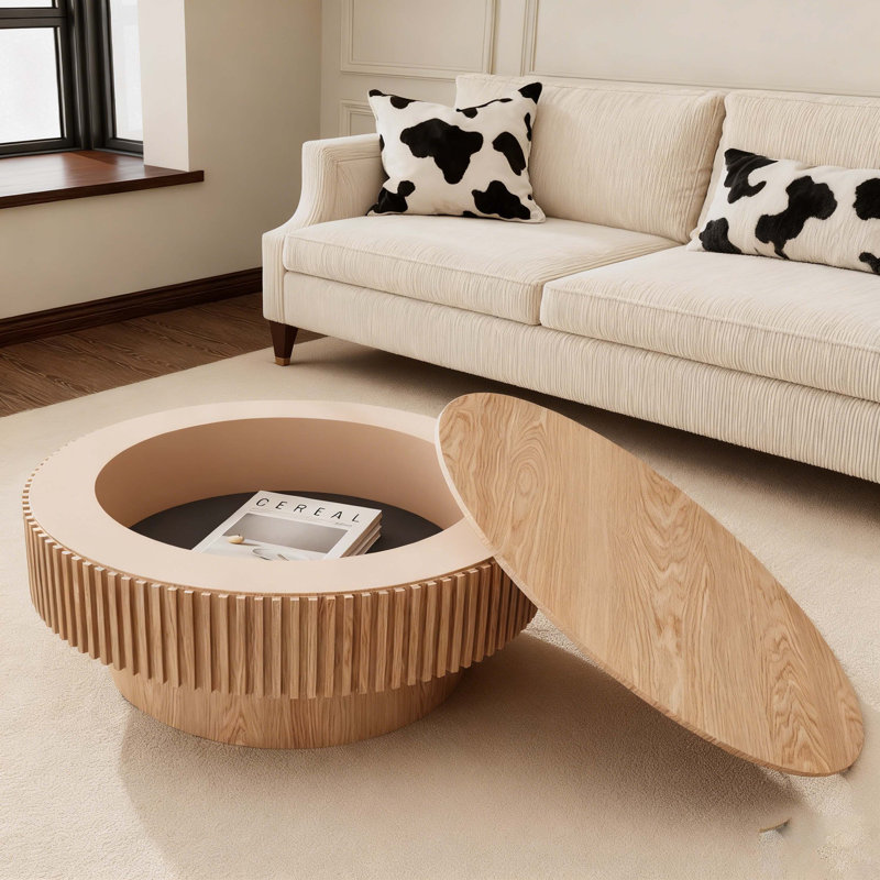 31.5'' Round Coffee Table with Storage Solid Wood Veneered Modern Coffee Table Accent Tea Table for Living Room, Bedroom, Apartment or Office, Natural Wood