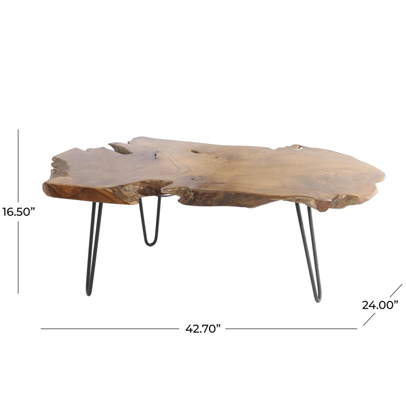 Brown Teak Wood Handmade Live Edge Living Room Coffee Table with Black Metal Hairpin Legs, 43" x 24" x 17"