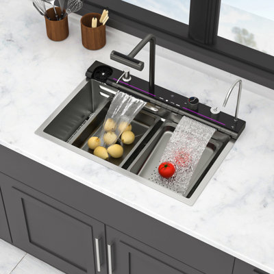 30" Kitchen Sink Waterfall Sink - 30 X 19 X 9 Inch Multifunction Single Bowl 16 Gauge Stainless Steel Ledge Workstation Smart Digital Features Top Mount Kitchen Sinks