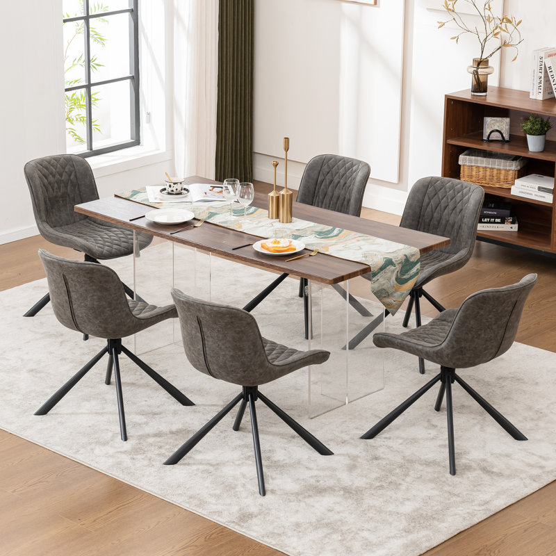 Swivel Tufted Leather Upholstered Side Chairs Modern Dining Chairs with Metal Legs, Dark Gray
