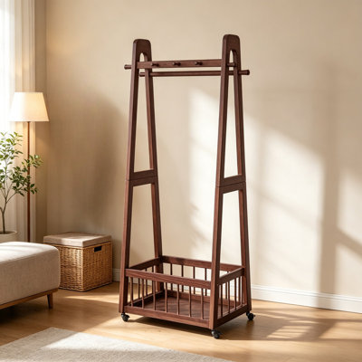Narrow Pine Wood Mobile Clothing Rack with Multi Hooks & Storage Basket, Freestanding Garment Organizer for Bedroom & Entryway