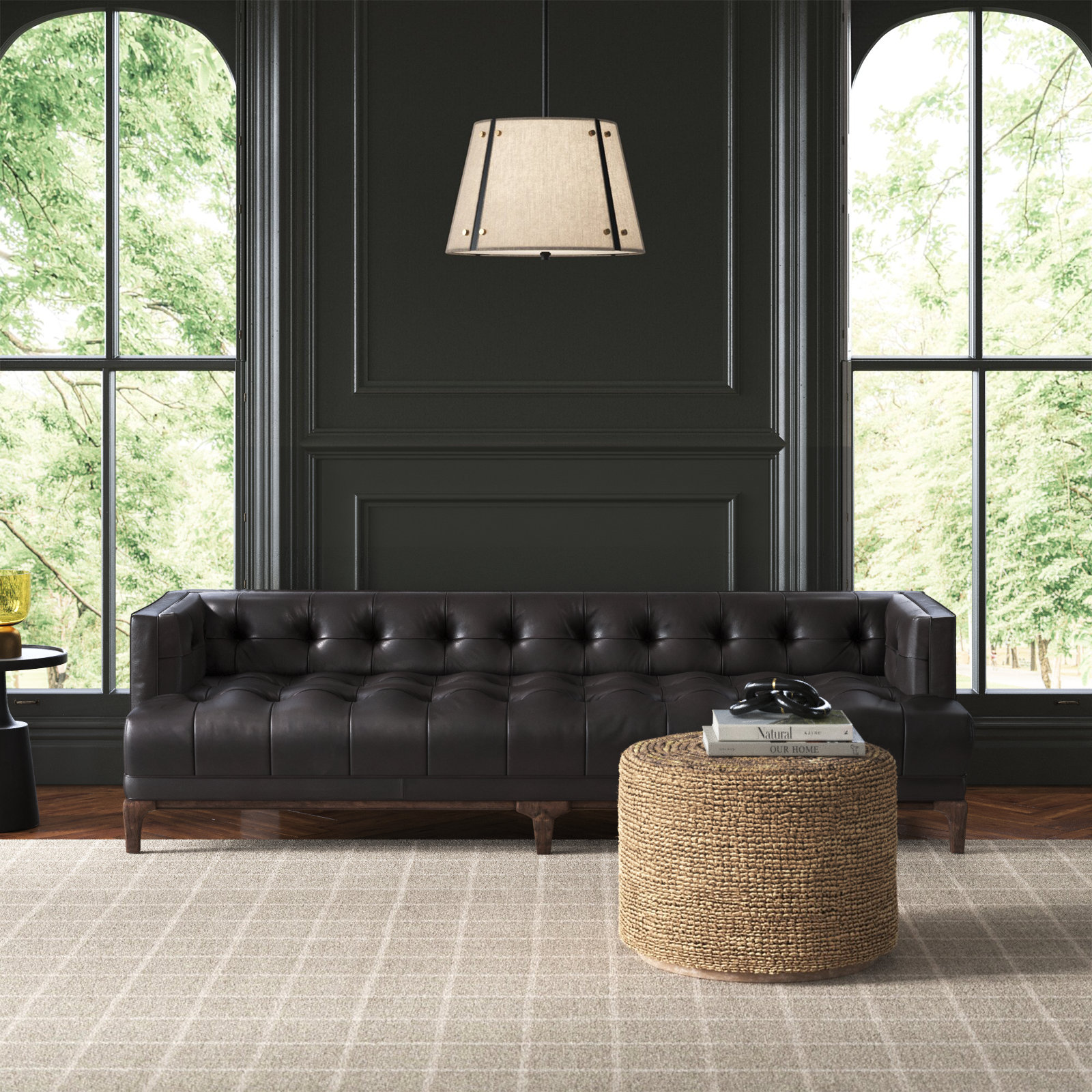 Bari 91'' Tufted Tuxedo Sofa, Brown, Rider Black Genuine Leather