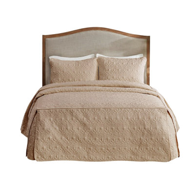 Khaki King 3 Piece Bedspread - Pleated Design, Microfiber Fabric, 100% Fill, Bedding Split Corner Solid, Classic Quilting