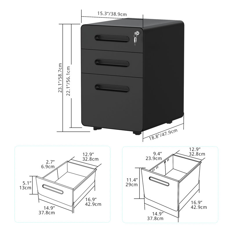Melra 3-Drawer Mobile Vertical Filing Cabinet, Black