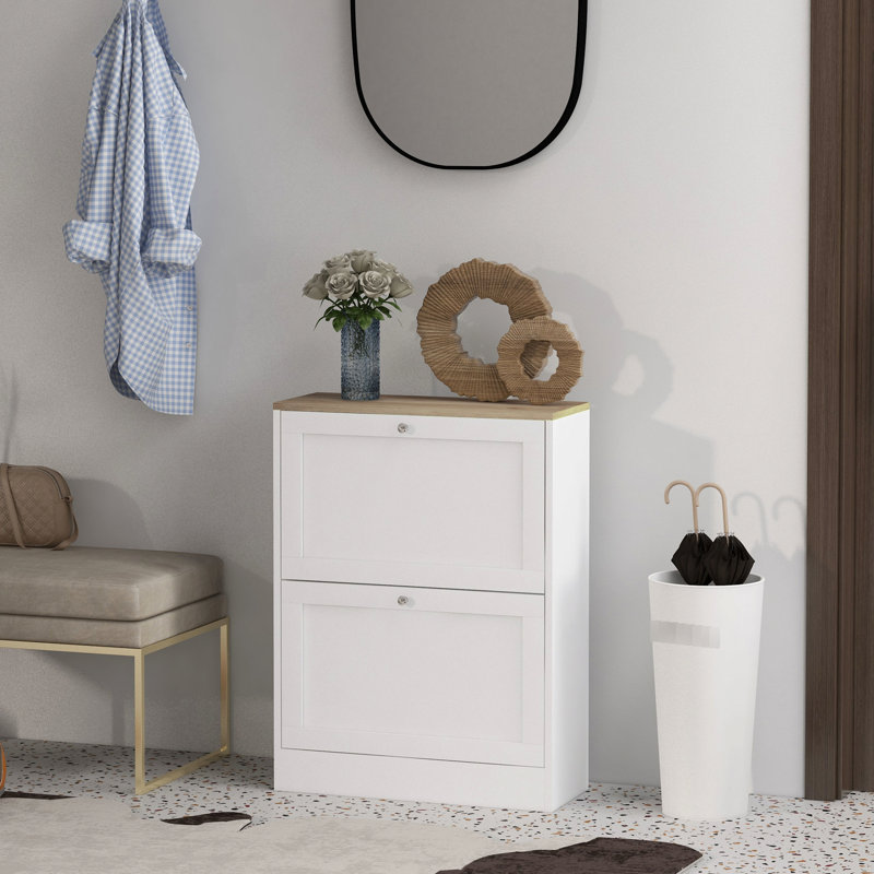 Slim Entryway Shoe Cabinet - 2 Flip Drawers, Adjustable Shelves, Stores 12 Pairs, White Modern White, Drawers & Holds Pairs Of Shoes, Sleek