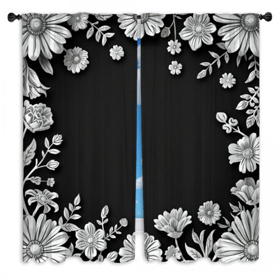 Rideaux de fenêtre noirs à bordure florale diaphane et obscurcissant - 2 panneaux