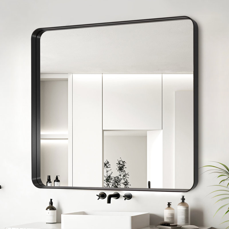 Miroir de salle de bain mural en aluminium 36 po x 36 po - Verre flotté HD, lignes transparentes, conception simple, réflexion, rouille, preuve, installation de support à barre en Z, emballage sûr avec protection tout autour
