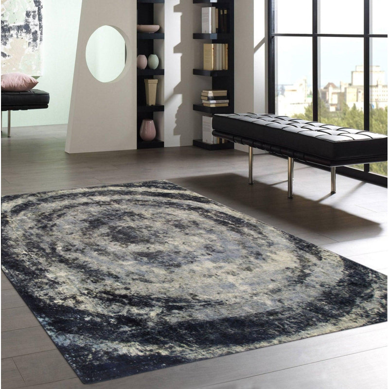 Tapis blanc / noir / gris à motif abstrait en coton / laine 8 pi 4 po x 10 pi 3 po Abstract