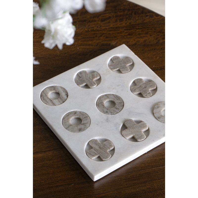 Ensemble de tic-tac-toe en marbre blanc 9 x 9 po avec pièces gris naturel