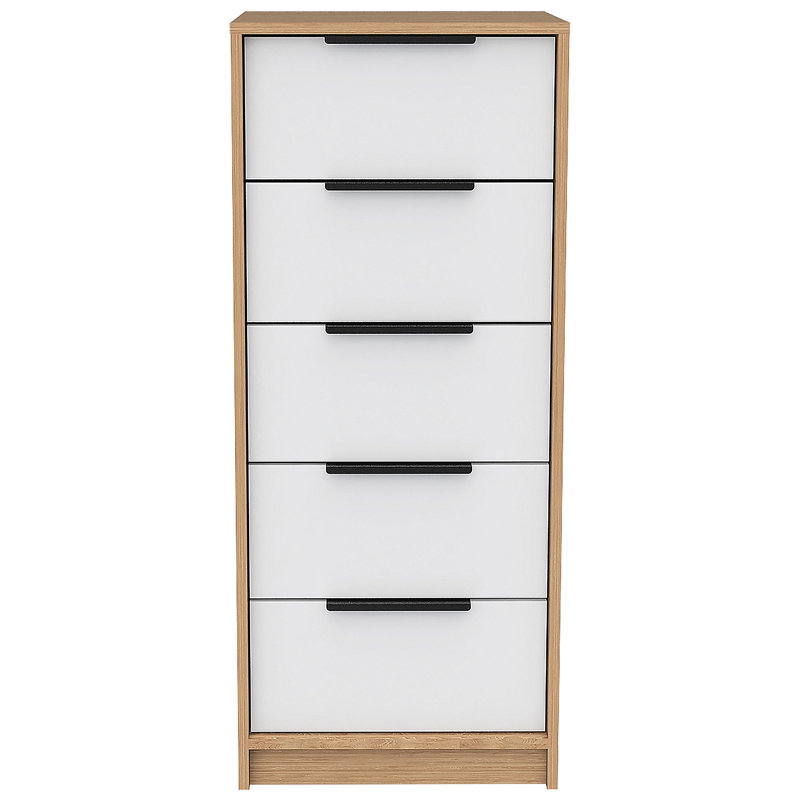 Commode 5 tiroirs, commode verticale, Blanc / beige