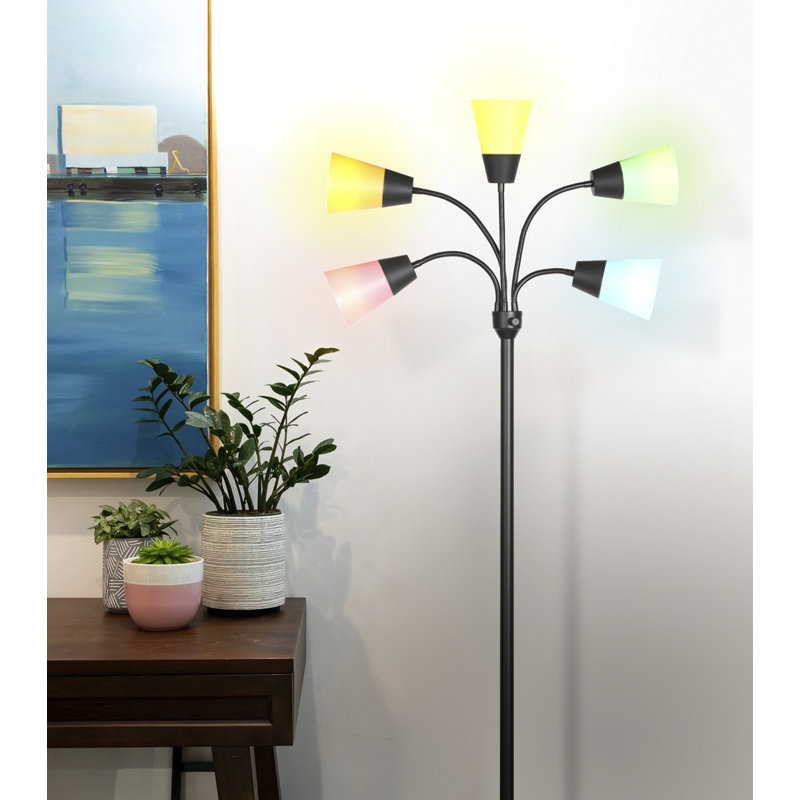 Medusa 78 in. Modern 5-Light Adjustable Gooseneck LED Floor Lamp with 5 Cone Shades, Black