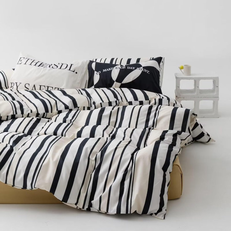 Ensemble d'édredon rayé noir et blanc pour lit double Édredon à motif géométrique femmes hommes Beige