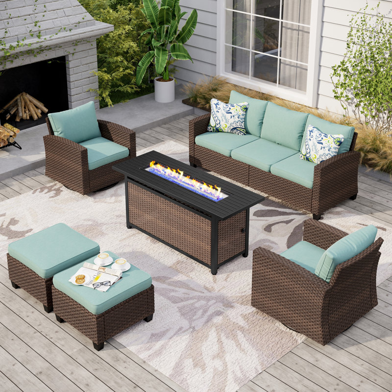 5 - Person Outdoor Wicker Patio Conversation Set with Swivel Chairs, Blue, No