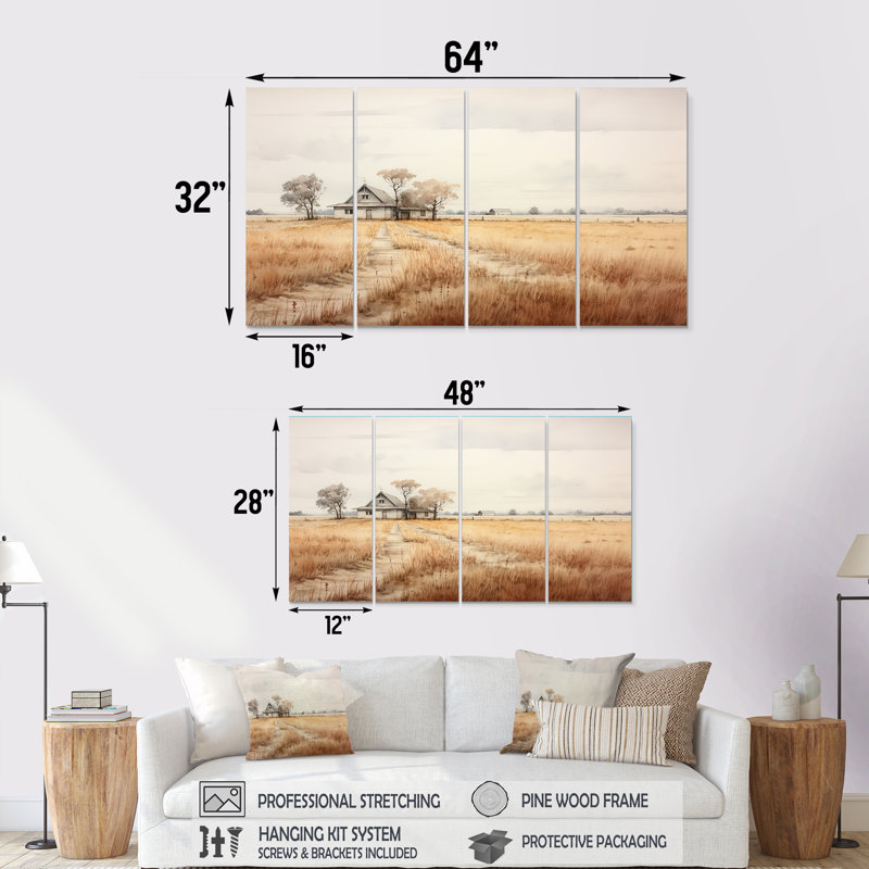 «Country House In Autumn Wheatfield I», art mural sur toile 4 pièces, H 28 po x l 48 po
