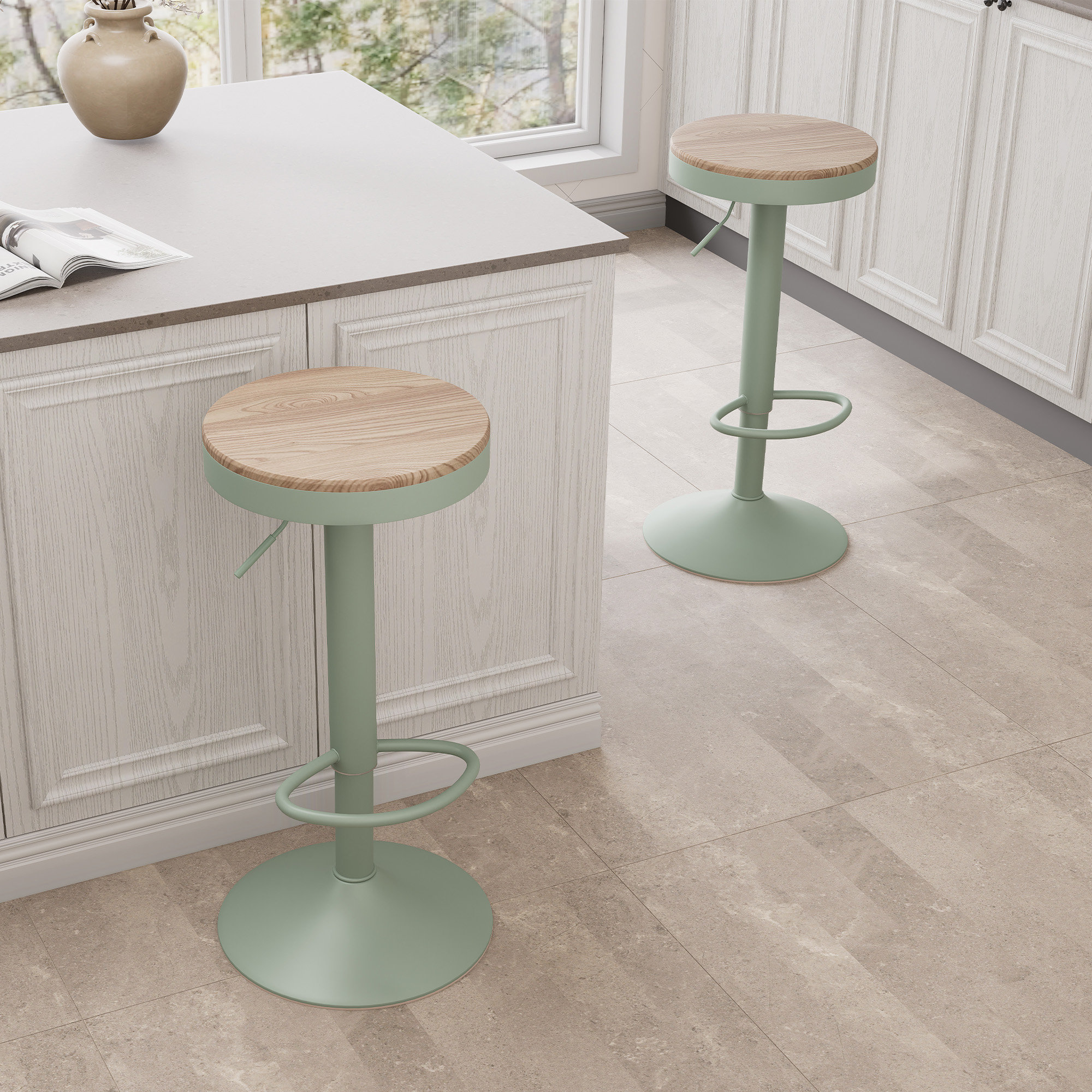 Jaina Swivel Solid Wood Adjustable Height Bar Stools, Counter Stools for Kitchen Island, 2, Brown/Mint Green