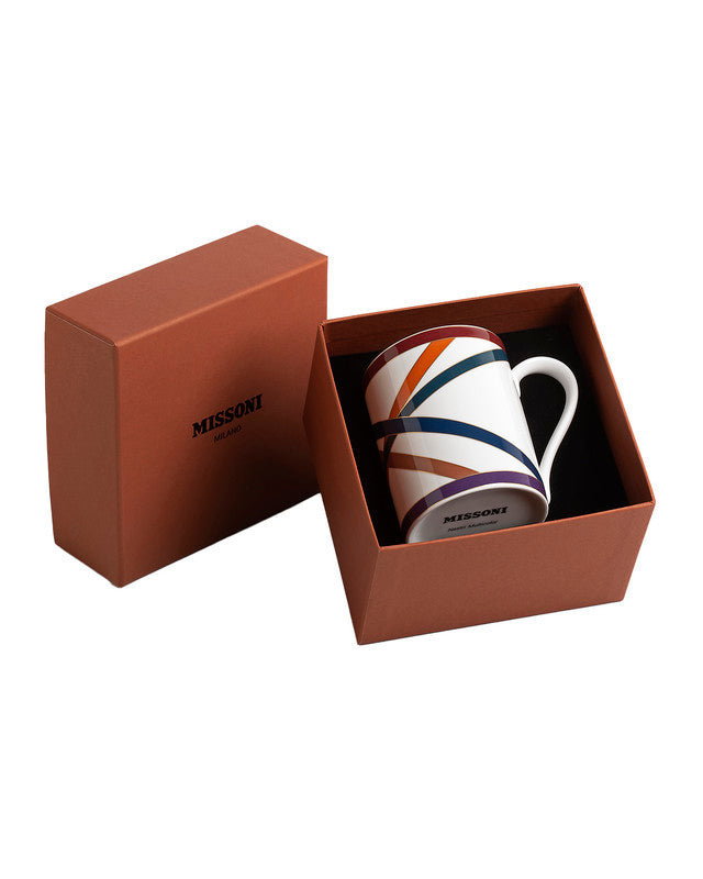 Missoni Mug Cup NASTRI In Luxury Box Multicolor Diam. 3", H 3.9", Cap. 12.5 Oz, Orange/Blue/Brown/Green
