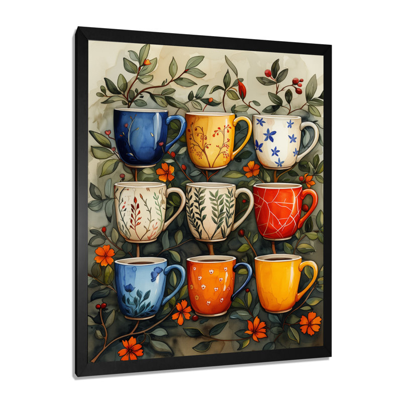 Tasse de café rouge et bleu Boho Morning - décor mural café, Cadre simple noir, H 16 po x l 32 po