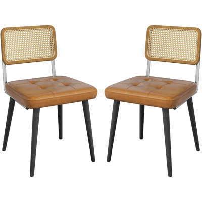 2-Pack Rattan Accent Side Dining Chairs, Padded Faux Leather Seat with Sturdy Metal Frame, Armless Dining Chairs for Dining Room, Kitchen & Home Office, Brown