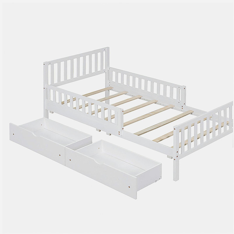 Lit plateforme en bois avec gardes latéraux et deux tiroirs de rangement, Lit simple, Blanc