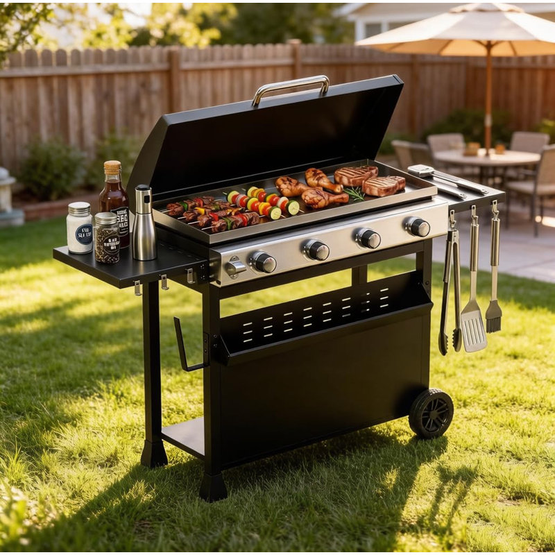Barbecue portatif au gaz à 4 brûleurs - Barbecue au propane de 32 000 BTU avec roues, couvercle et rangement latéral pour le camping et le patio