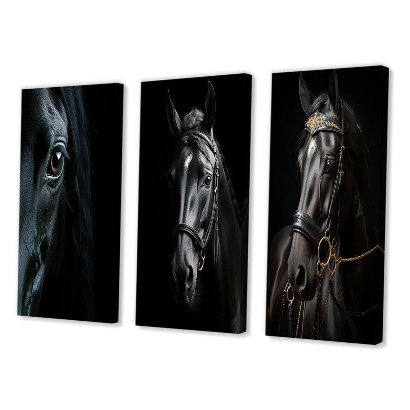 «Black Horse Mysterious Shadows», 3 pièces, H 20 po x l 36 po, Toile tendue