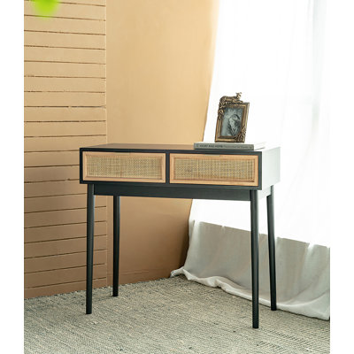 Rattan 2-Drawer Console Table - Black/Rattan