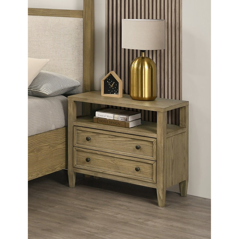 Table de chevet pour chambre à coucher avec tablette ouverte et 2 tiroirs, bois beige foncé, brun clair / beige durable pour la chambre à coucher, tablette, structure solide