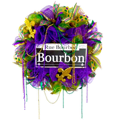 Mardi Gras Bourbon Street Wreath with Rue Bourbon Sign, Fleur-de-Lis Accents, and Party Beads – Handmade 24" Mesh Décor